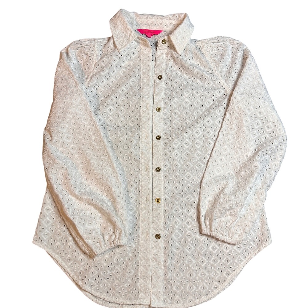 Lilly Pulitzer White Eyelet Embroidered Button Down Resort Blouse Womens XS‎